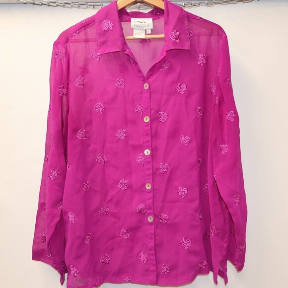 Country Wear Casuals Sheer Pink Button-Up Blouse With Embroidered Floral Pattern - Picture 7 of 10